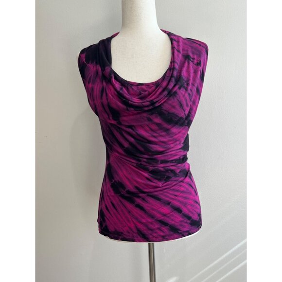 Y2K Artine Cowl Neck Tie Dye Sleeveless Blouse Womens M Pink Black Fitted Stretc - Picture 1 of 7